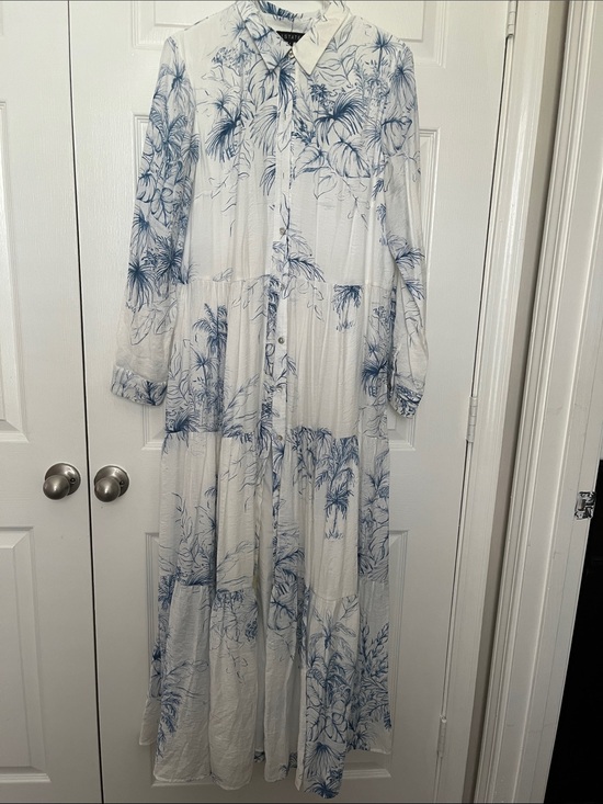 Dresses & Skirts - White Maxi Shirt Dress with Blue Botanical Print